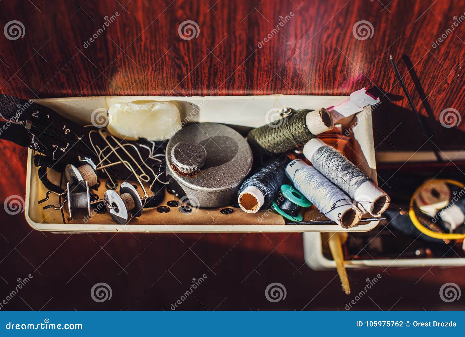 Stuff for Sewing with Threads in Spools Stock Photo - Image of metal ...