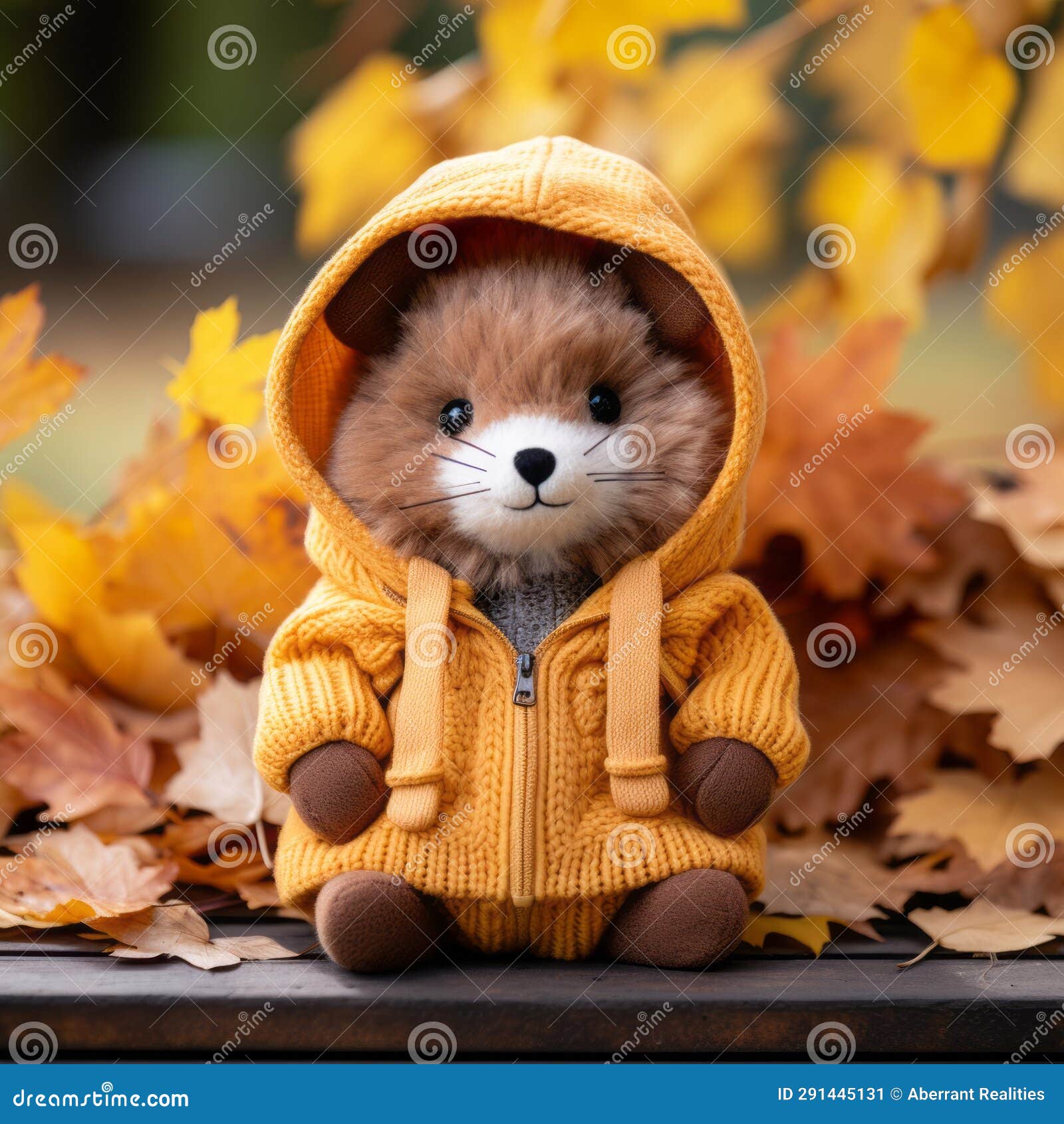 A Stuffed Animal Wearing a Yellow Jacket Sitting on a Bench Stock