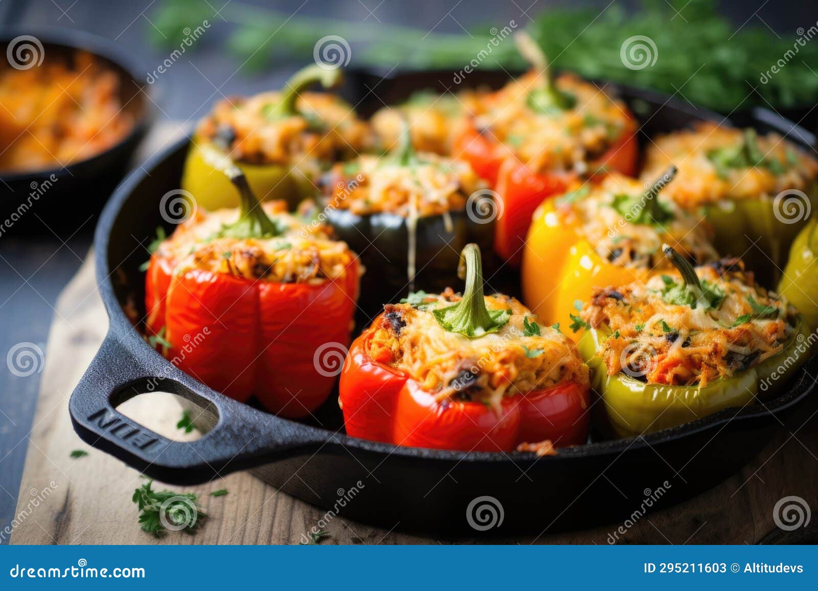 Stuffed Bell Peppers in a Cast Iron Skillet Stock Image Image of