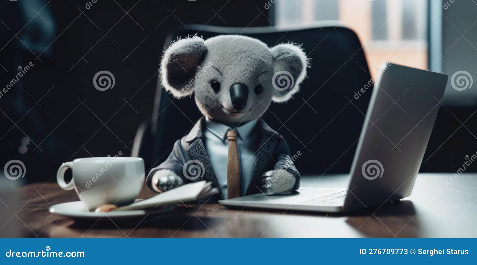 A Stuffed Koala Boss Sitting at a Desk with a Laptop. AI Generative