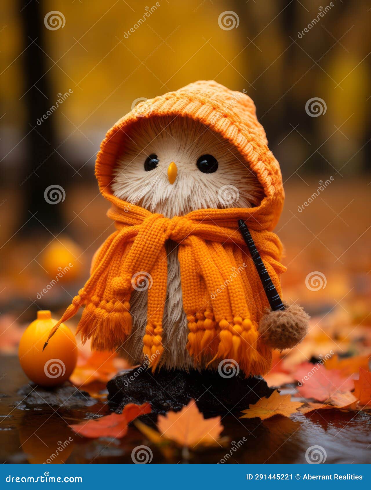 A Stuffed Owl Wearing an Orange Scarf and Hat Stock Illustration