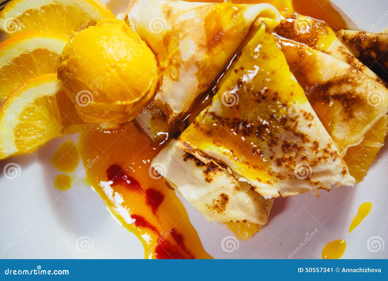 Stuffed Pancakes with Orange Syrup and Icecream Stock Image Image of