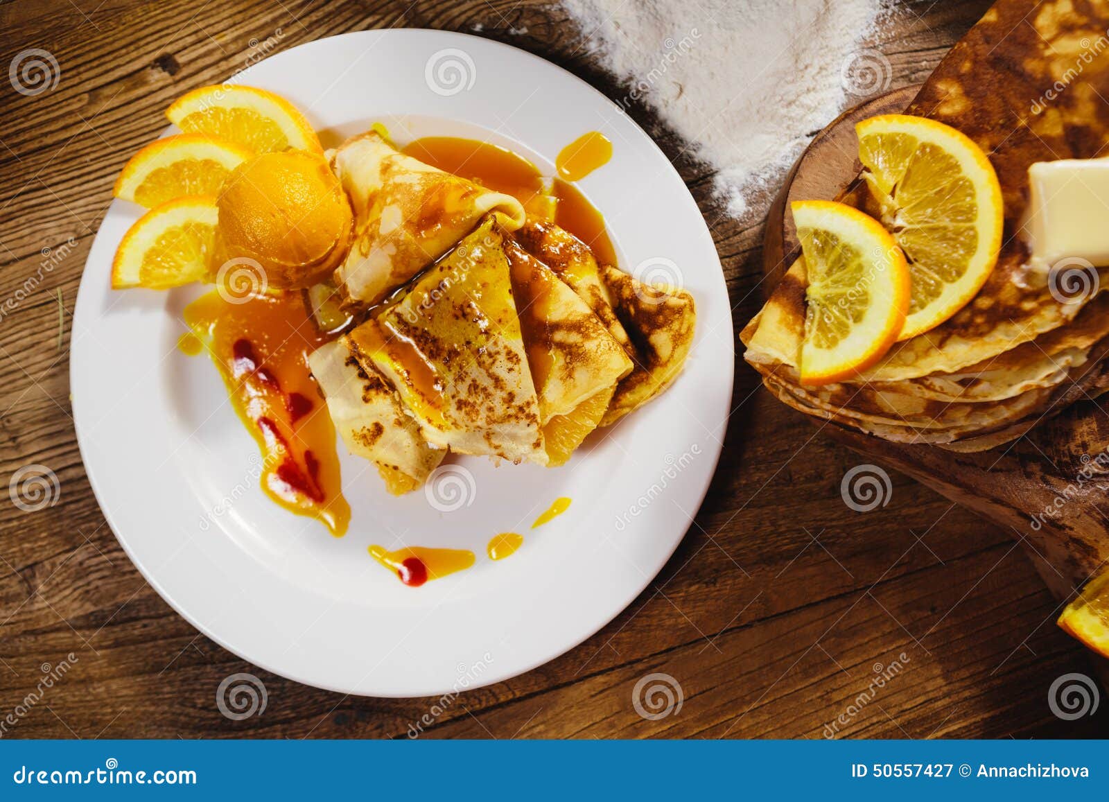 Stuffed Pancakes with Orange Syrup and Icecream Stock Image Image of