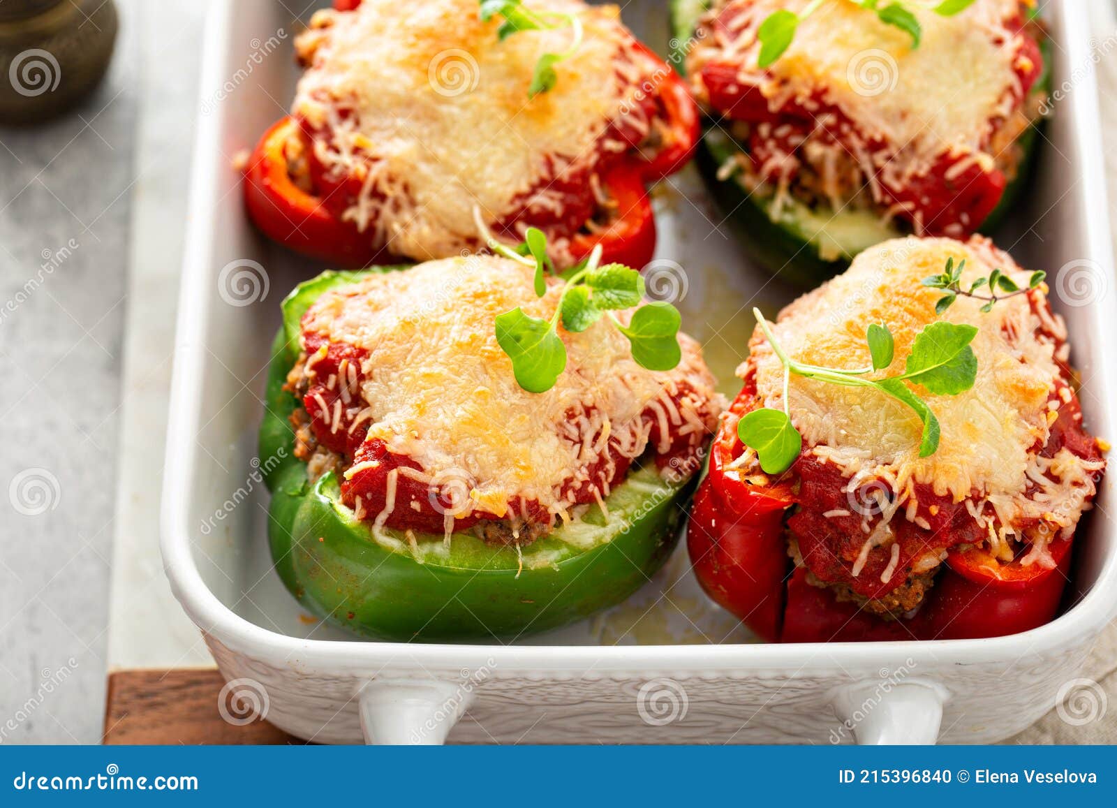 Stuffed Peppers with Marinara Sauce and Ground Beef Stock Photo Image