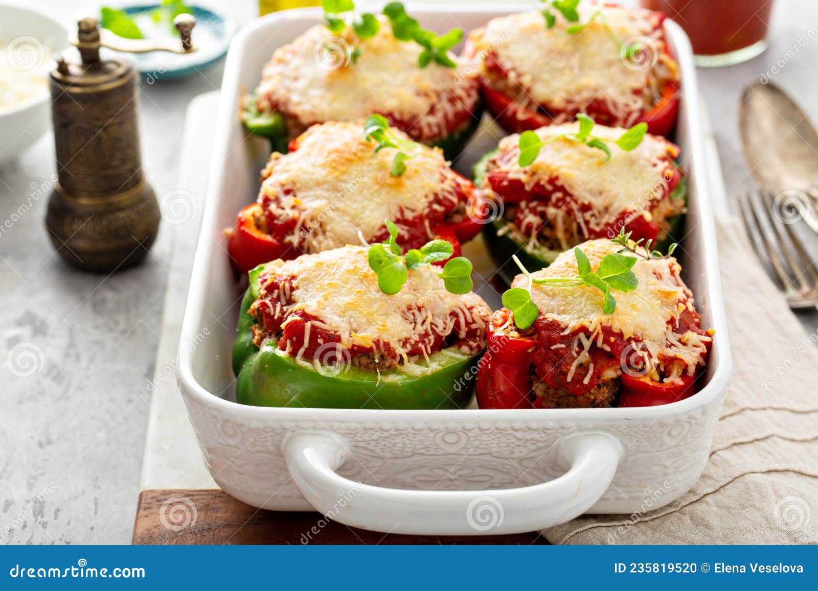 Stuffed Peppers with Marinara Sauce and Ground Beef Stock Photo Image