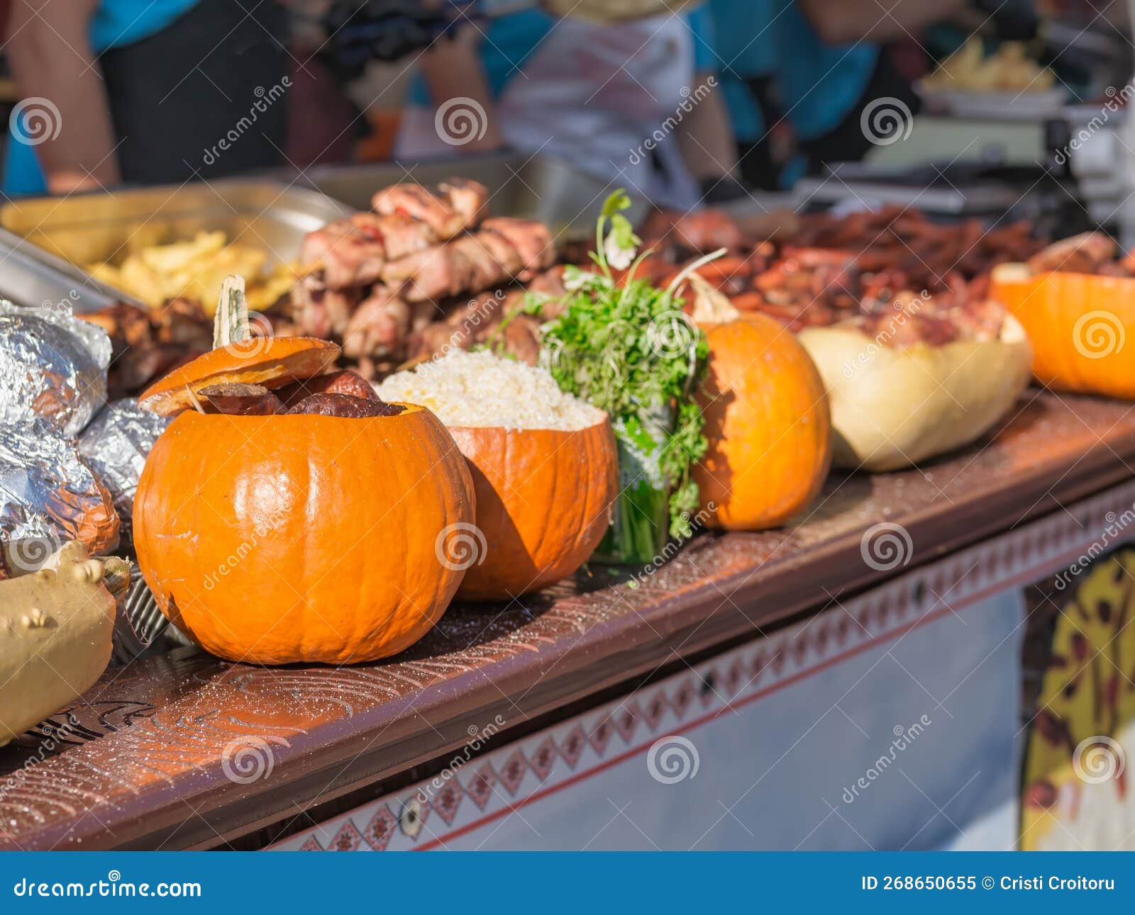 Stuffed Pumpkin with Rice and Pork Meat on Display at the Market Stock
