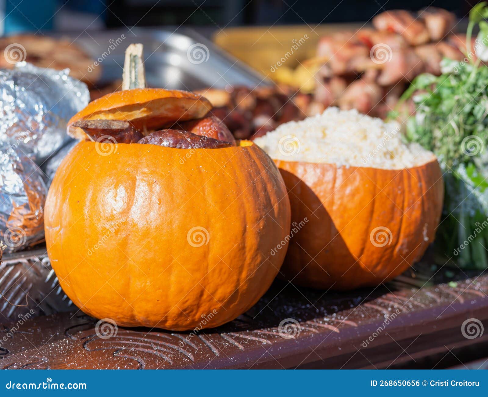 Stuffed Pumpkin with Rice and Pork Meat on Display at the Market Stock