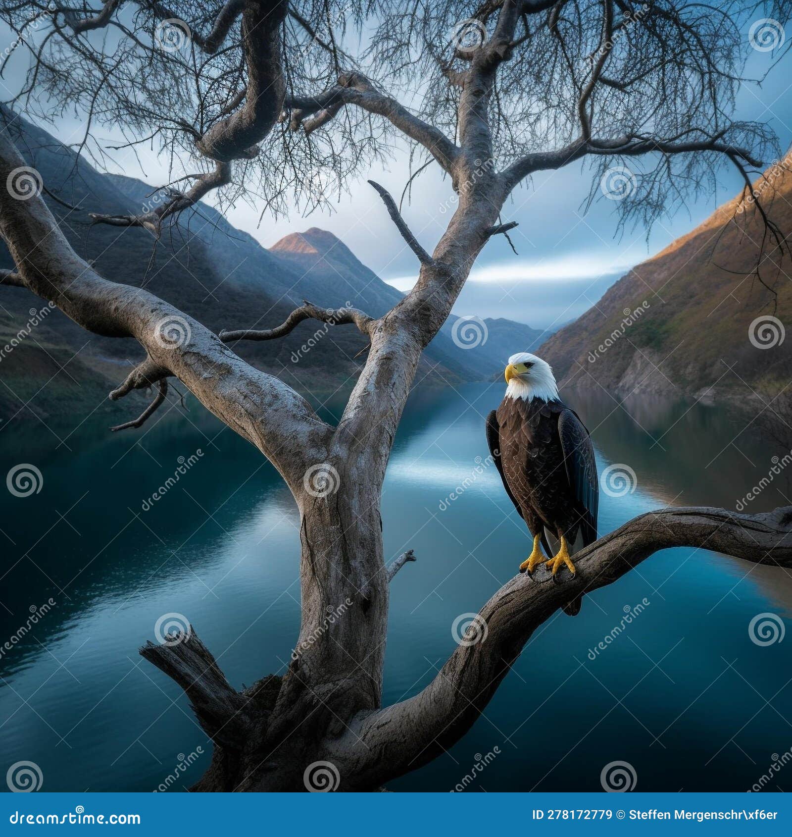 majestic bald eagle overlooking river at sunrise