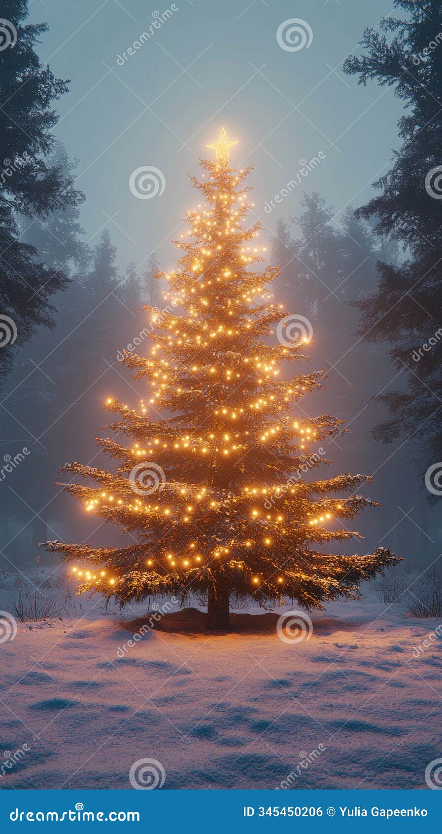 a beautifully lit christmas tree stands alone in a snowy forest during a foggy winter evening