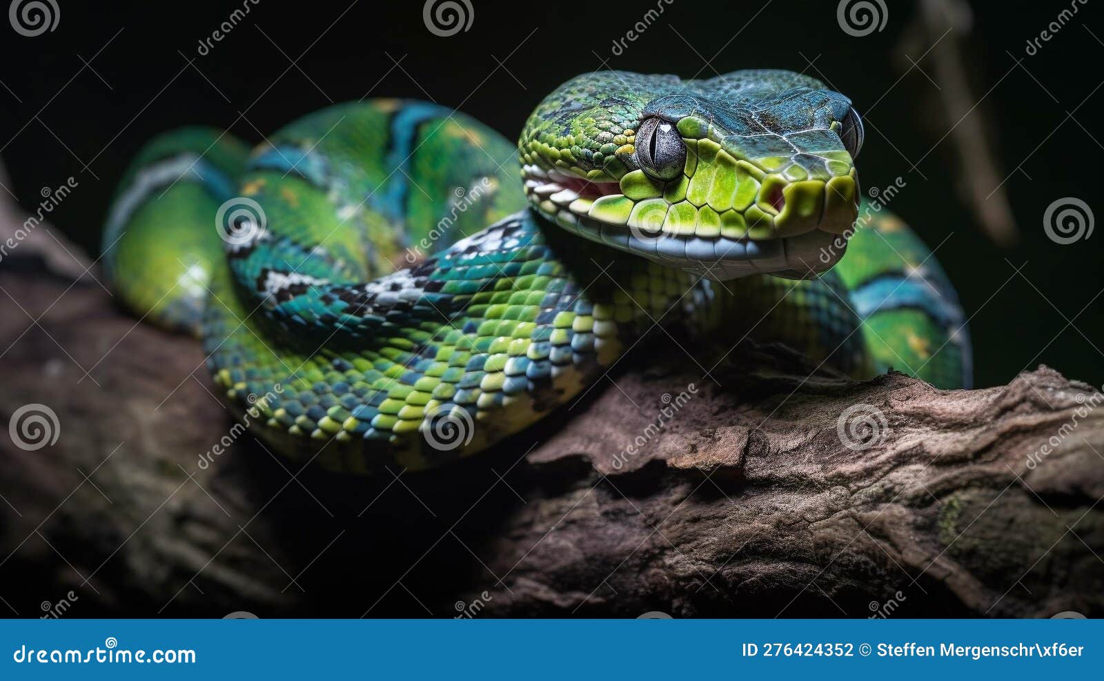 green tree python in tropical rainforest
