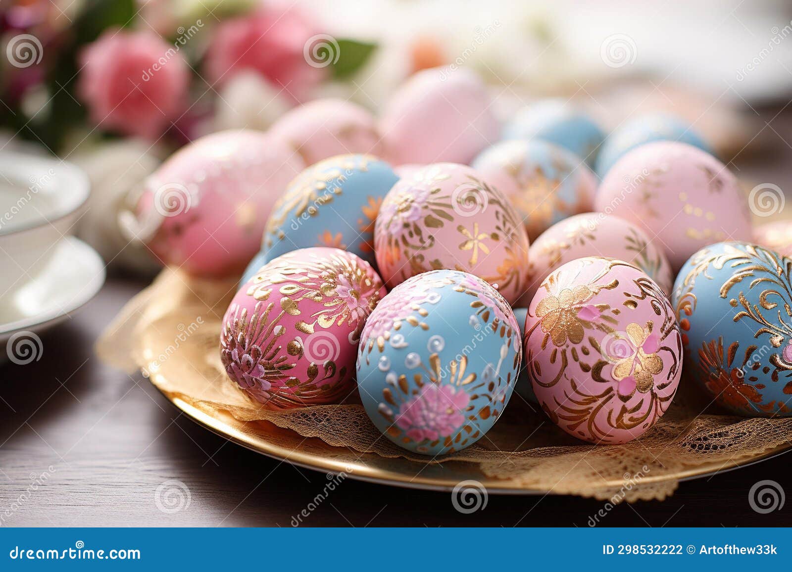 pastel easter eggs: delicate floral patterns on wooden table