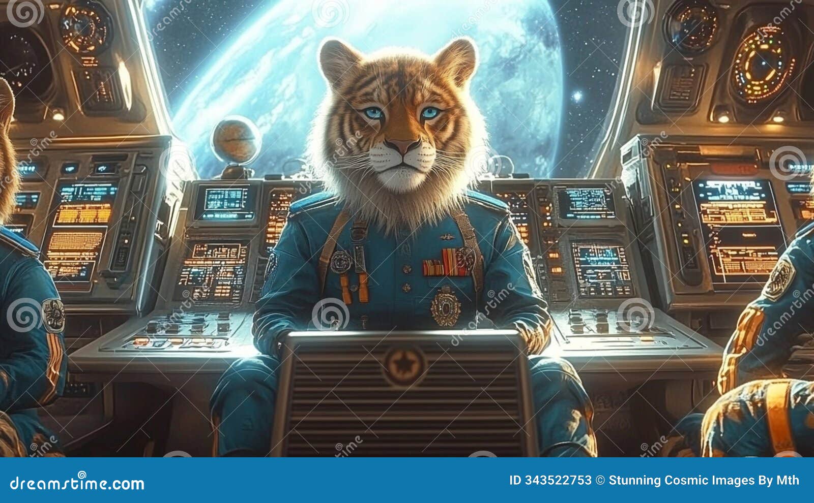 a group of urmah tigers piloting a spaceship from the cockpit (feline alien, cat extraterrestrial race)