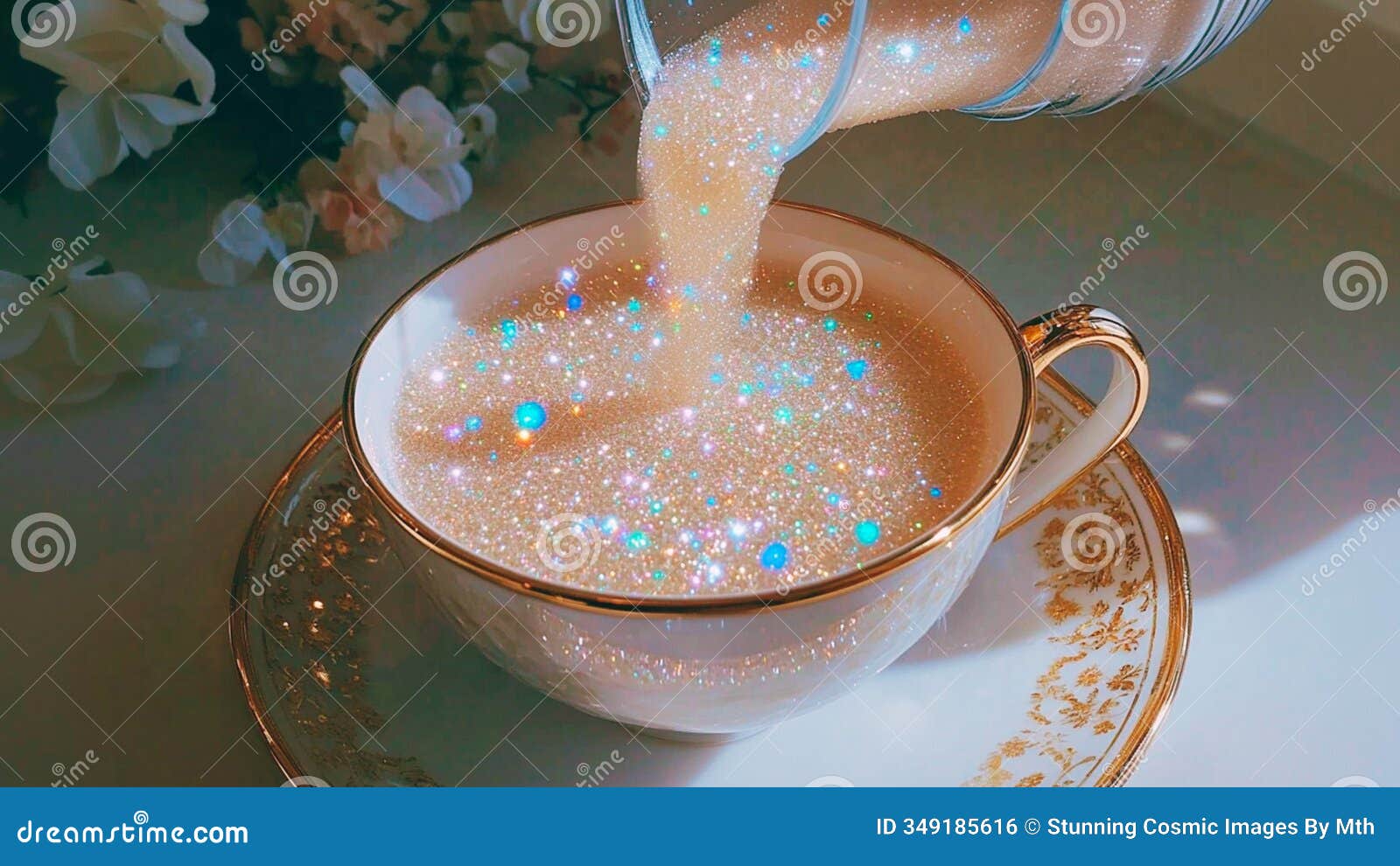 sparkly, glittery, shimmery sugar being poured in a porcelain cup