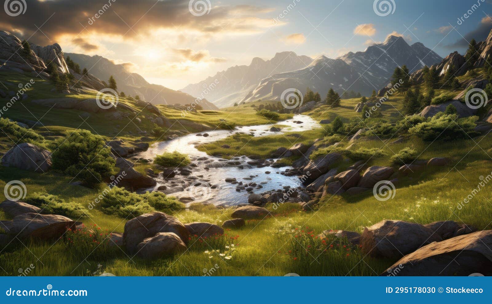 golden hour wilderness landscape: vray mountain landscape with stream