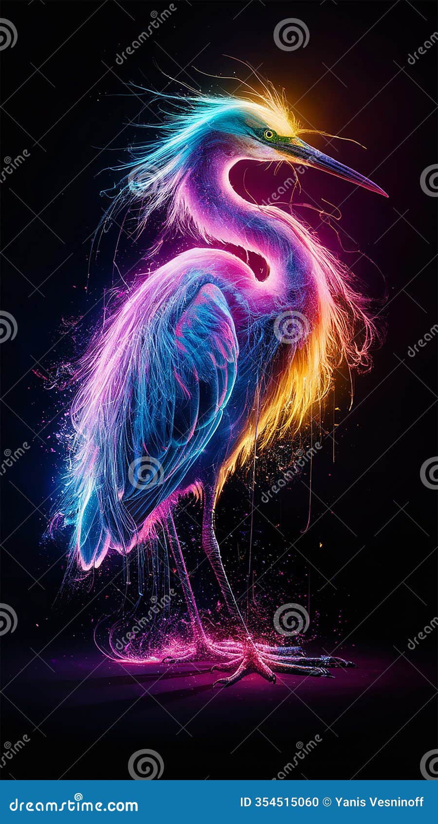 a stunning 3d hologram laser exploded  image featuring a vibrant, neon-colored egret