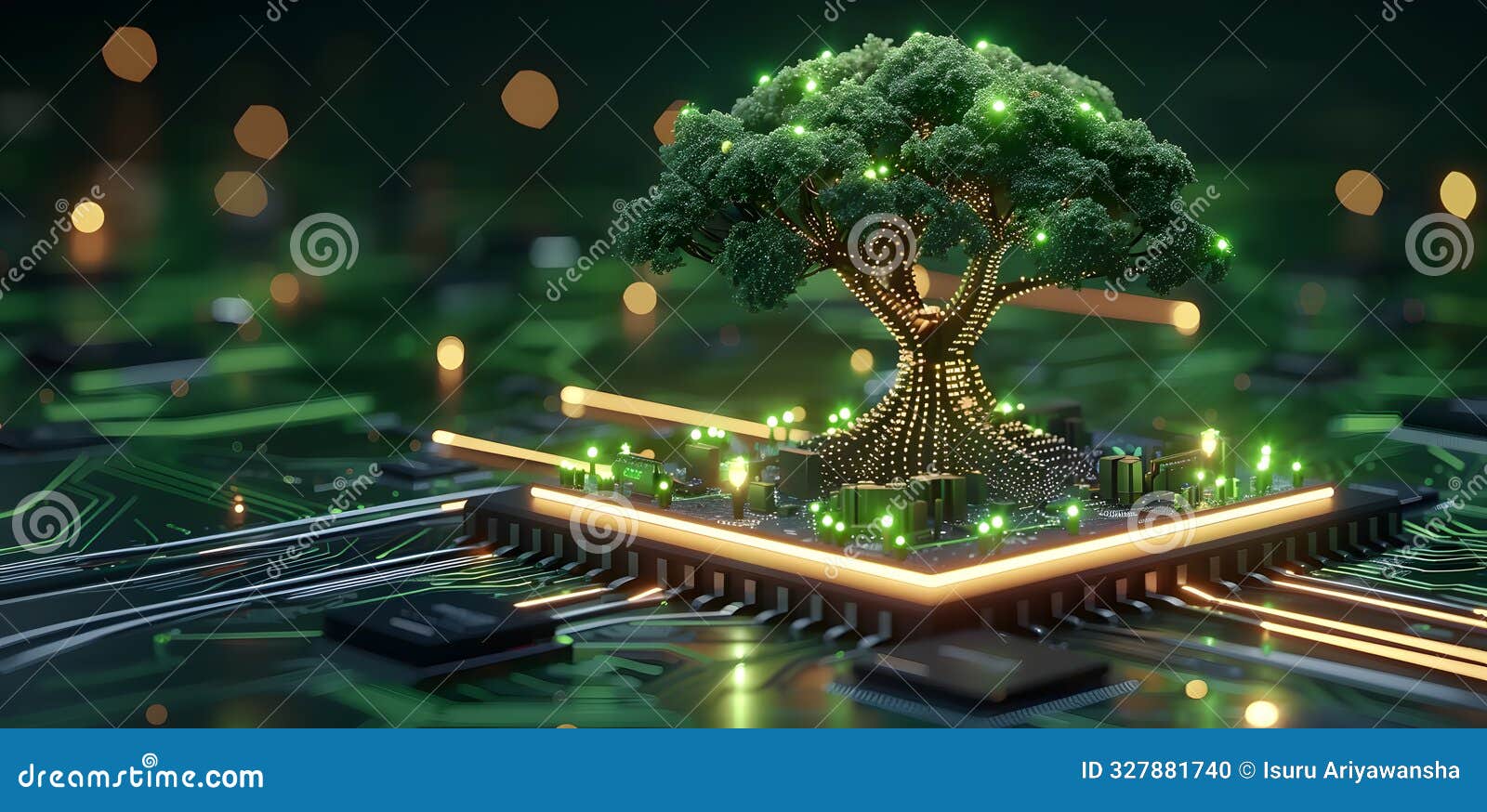 futuristic digital tree growing on a circuit board