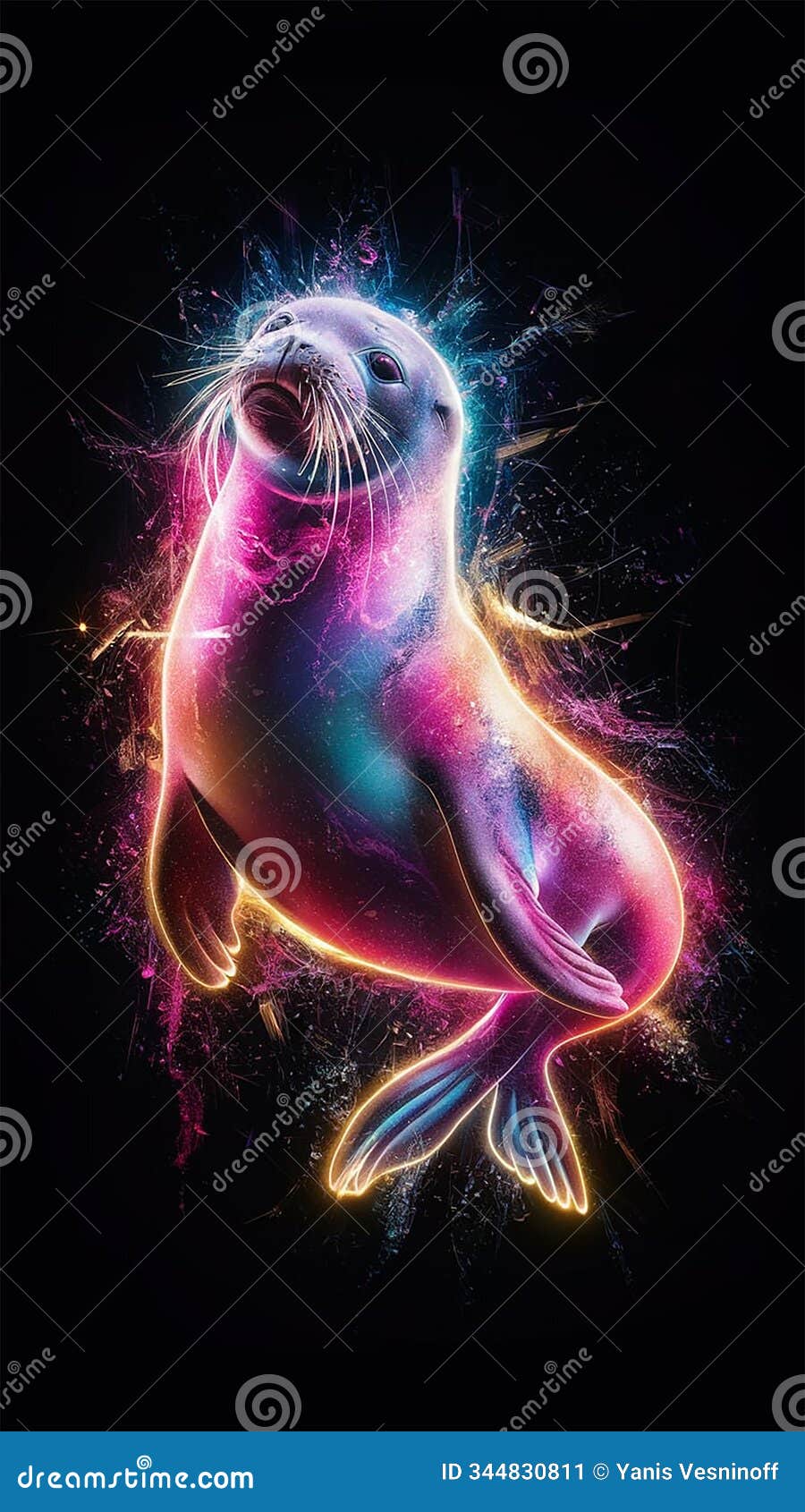 a stunning 3d laser exploded hologram  featuring a vibrant and artistic depiction of a seal