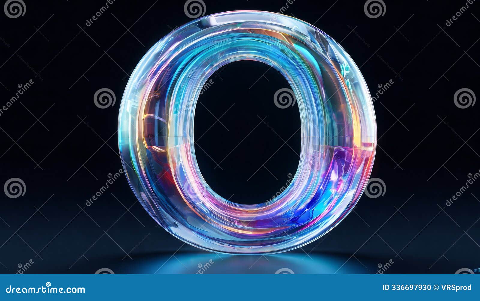 transparent 3d letter o with colorful light refractions