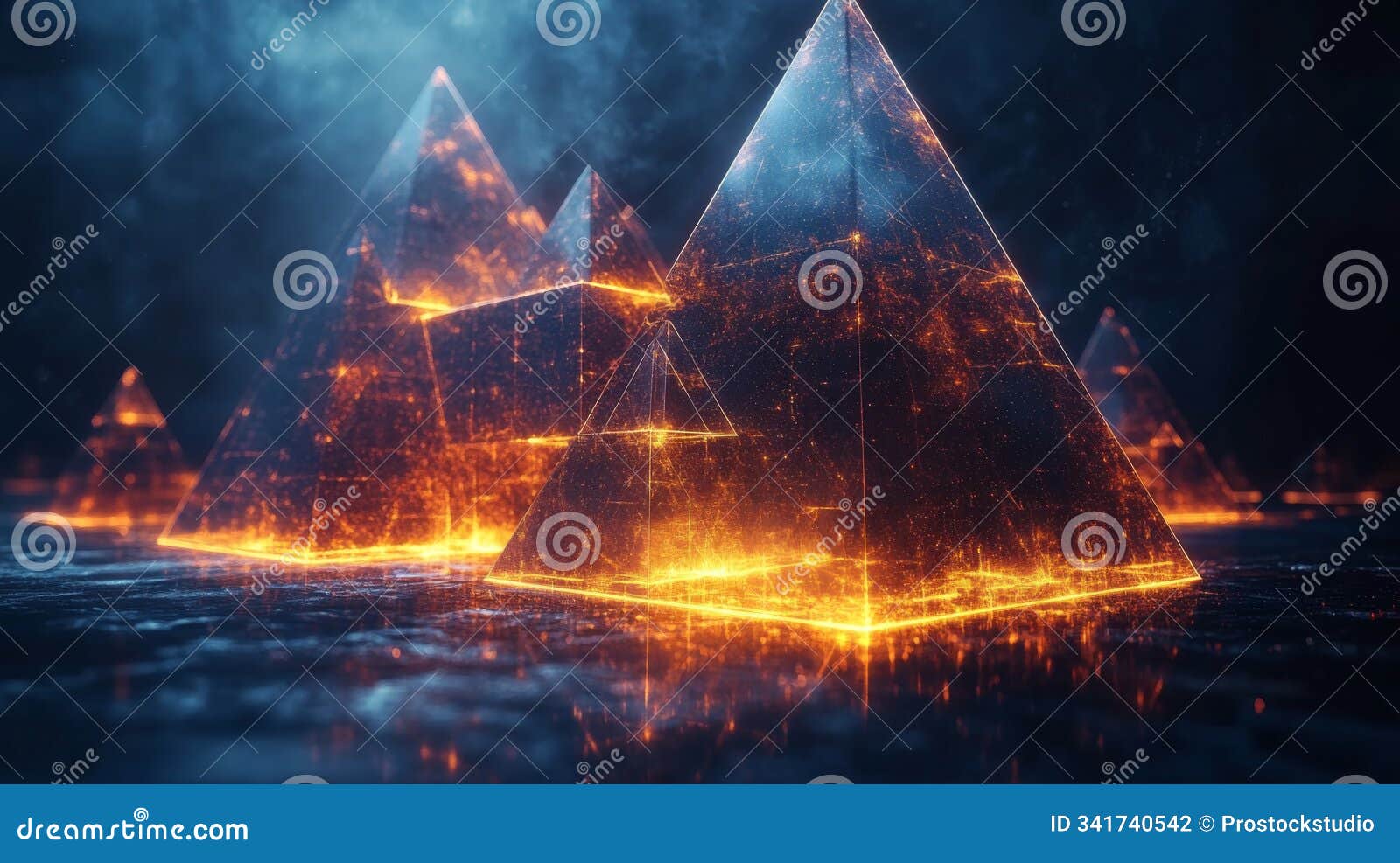 glowing crystal-like pyramids illuminating a dark landscape with fiery s in a surreal digital artwork. generative