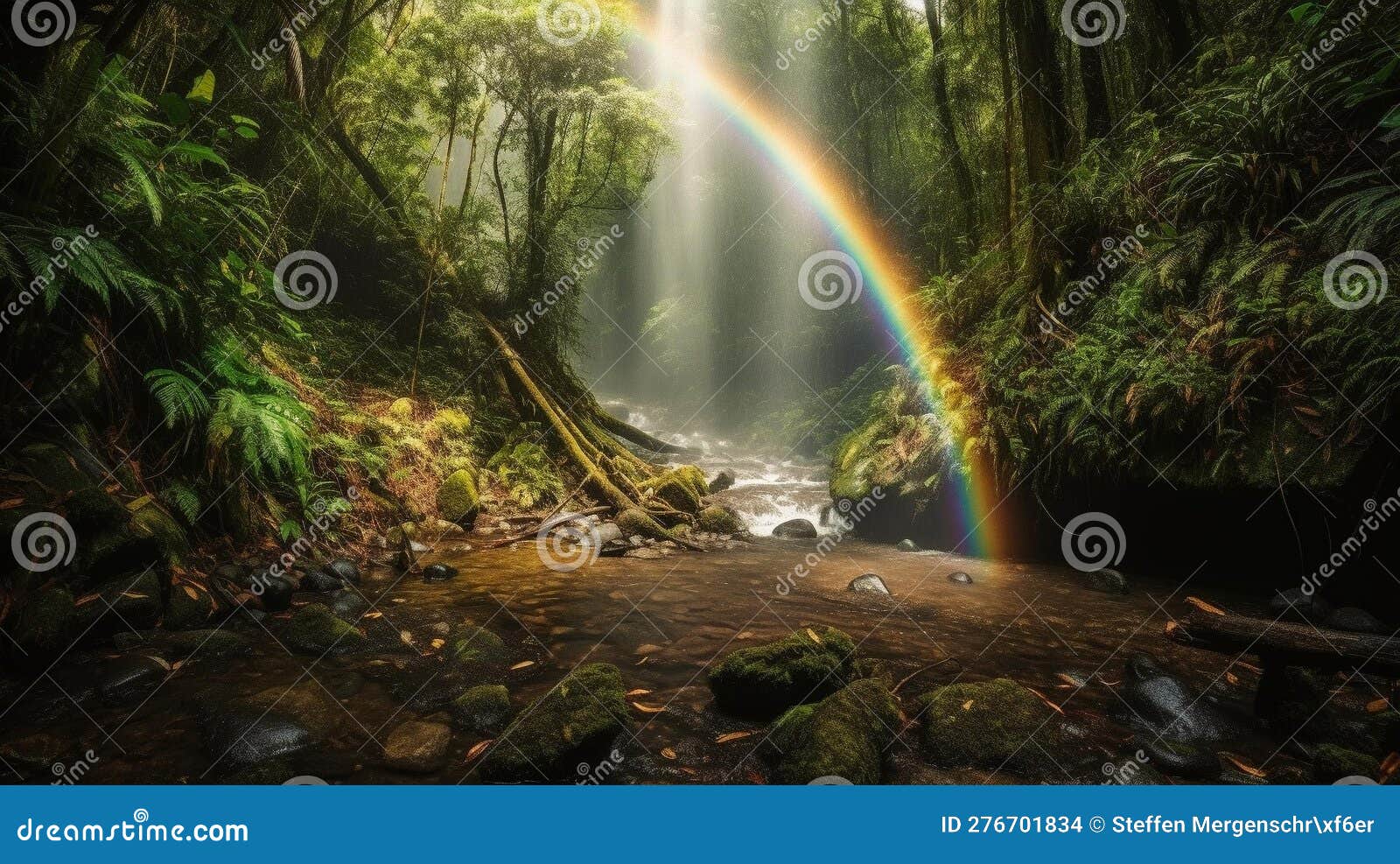 Double Rainbow Over Waterfall in Lush Green Forest Stock Illustration ...