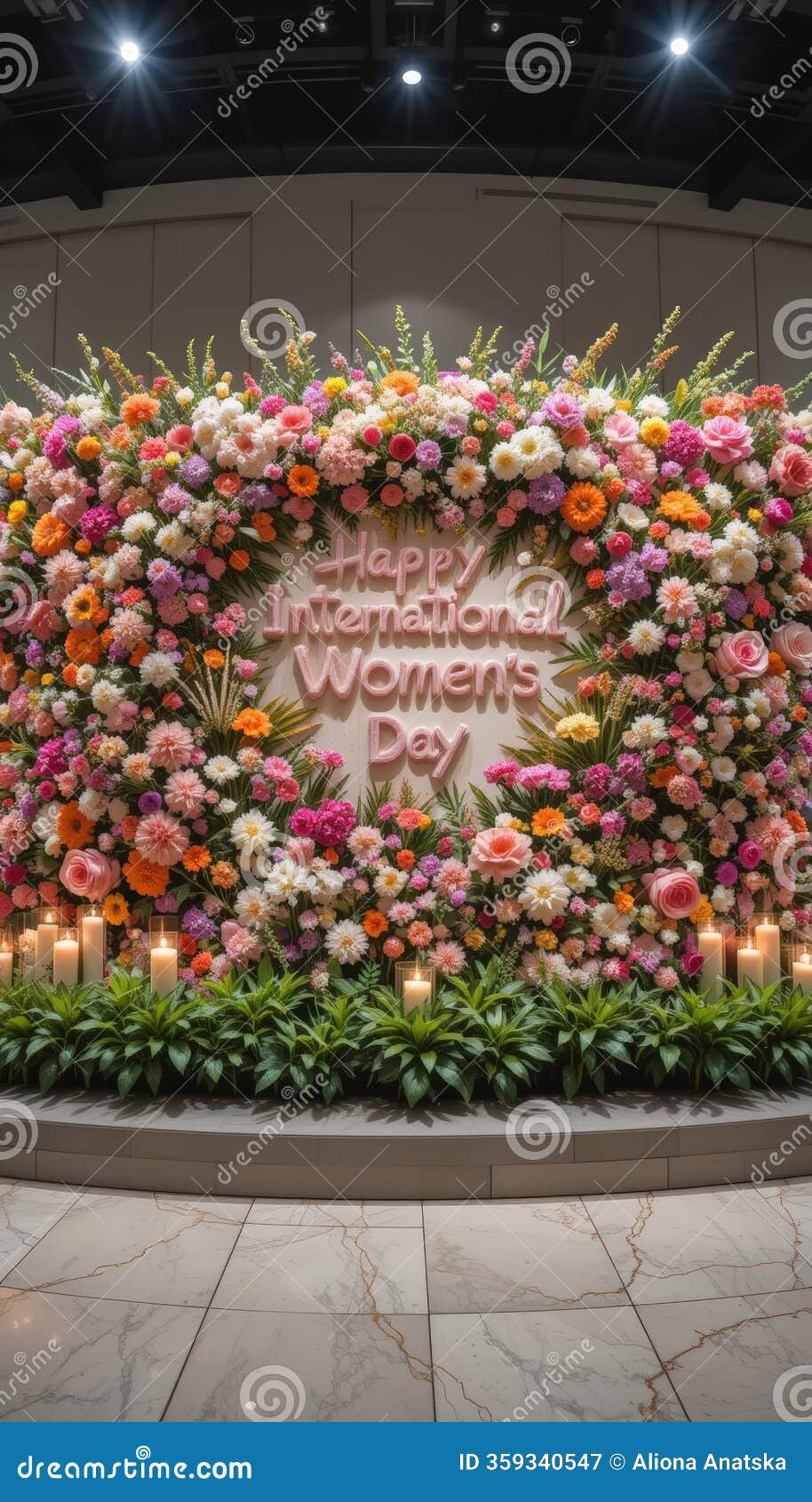 a stunning floral backdrop celebrating international women's day with vibrant flowers and candles, perfect for