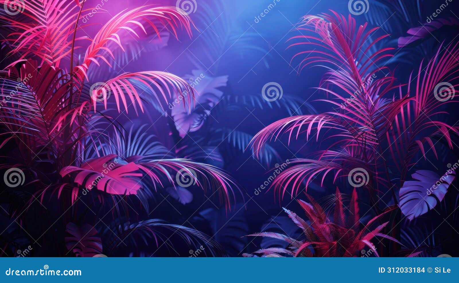 neon-lit tropical jungle with retro palms & plants in dark trend exotica