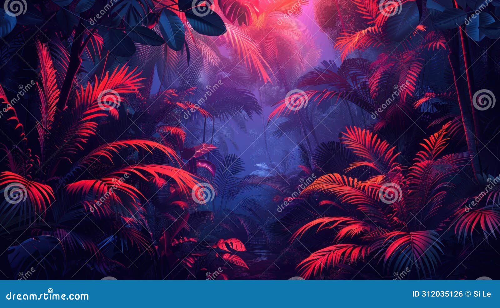 neon-lit tropical jungle with retro palms & plants in dark trend exotica
