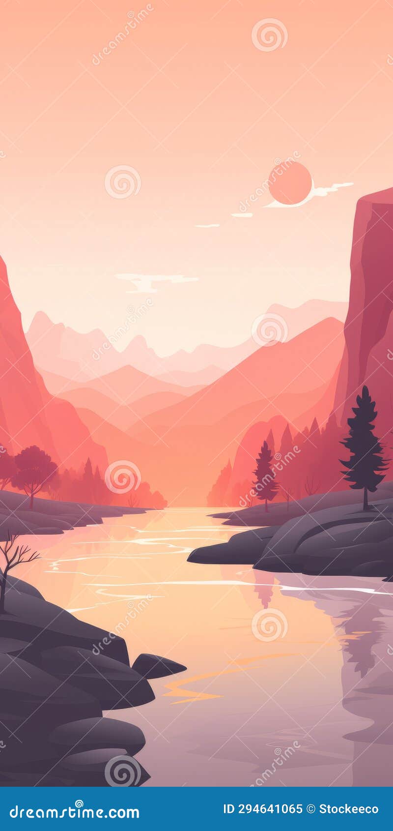 minimalistic watercolor scenery: tranquil river surrounded by caves and trees