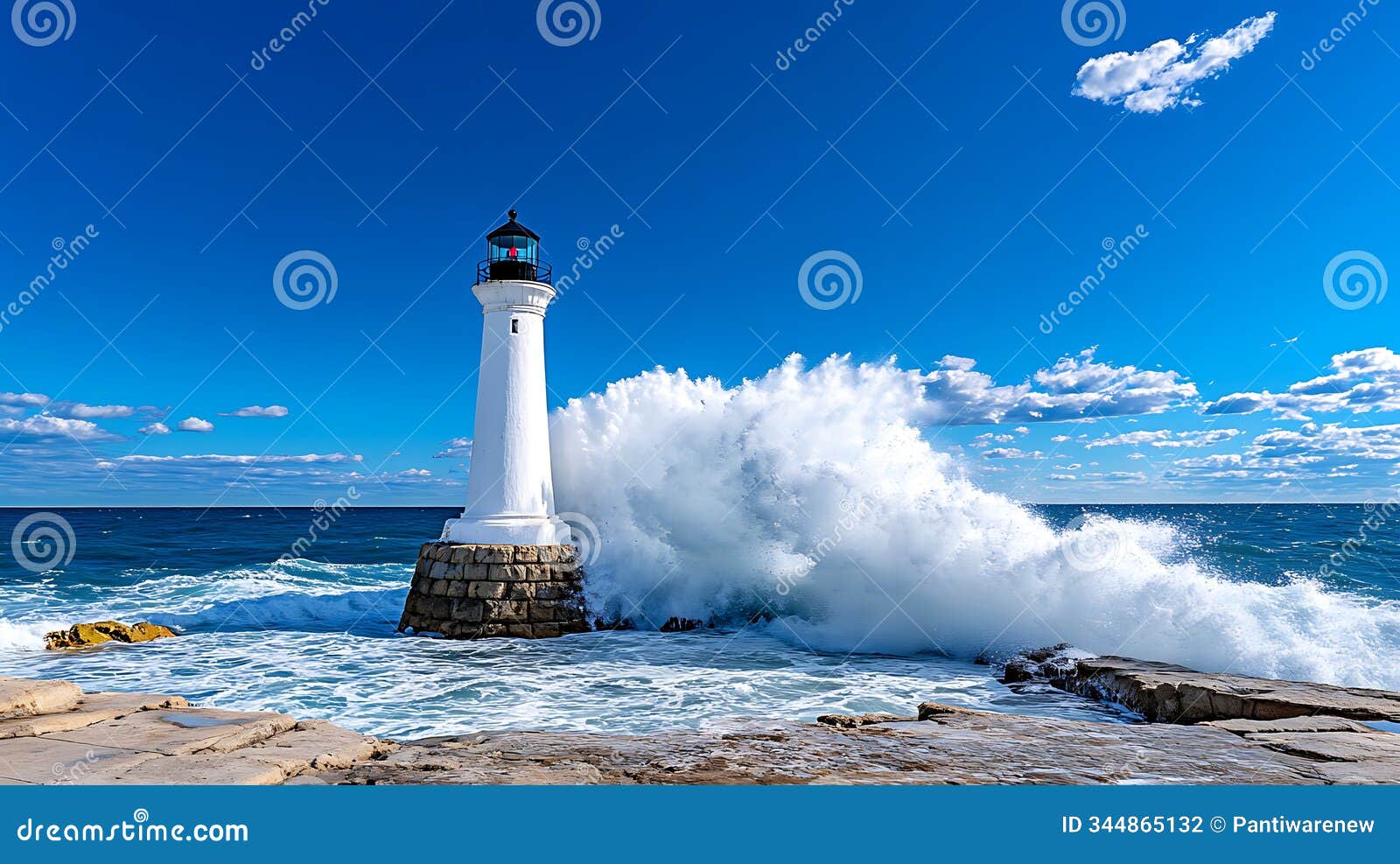lighthouse on rocky shore with waves action