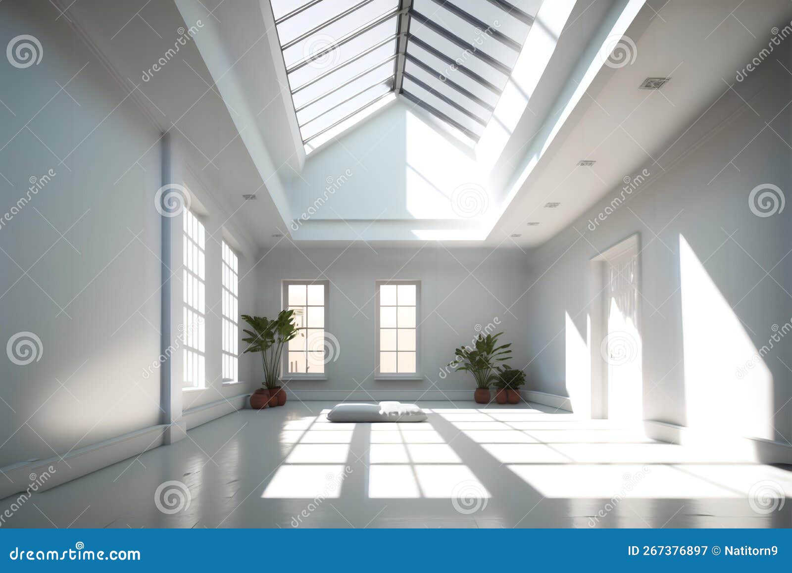 low-angle shot of an empty yoga studio with a large skylight overhead (aigen)