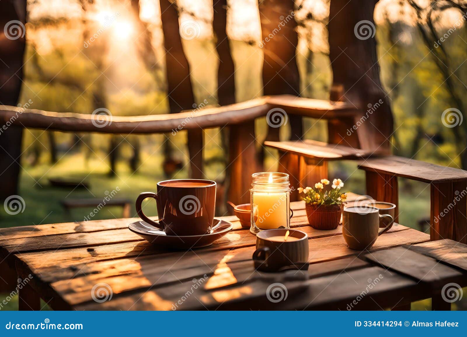 a stunning morning sunrise through jungle trees, with the sun rising gently in the background. a close-up of a coffee cup on a