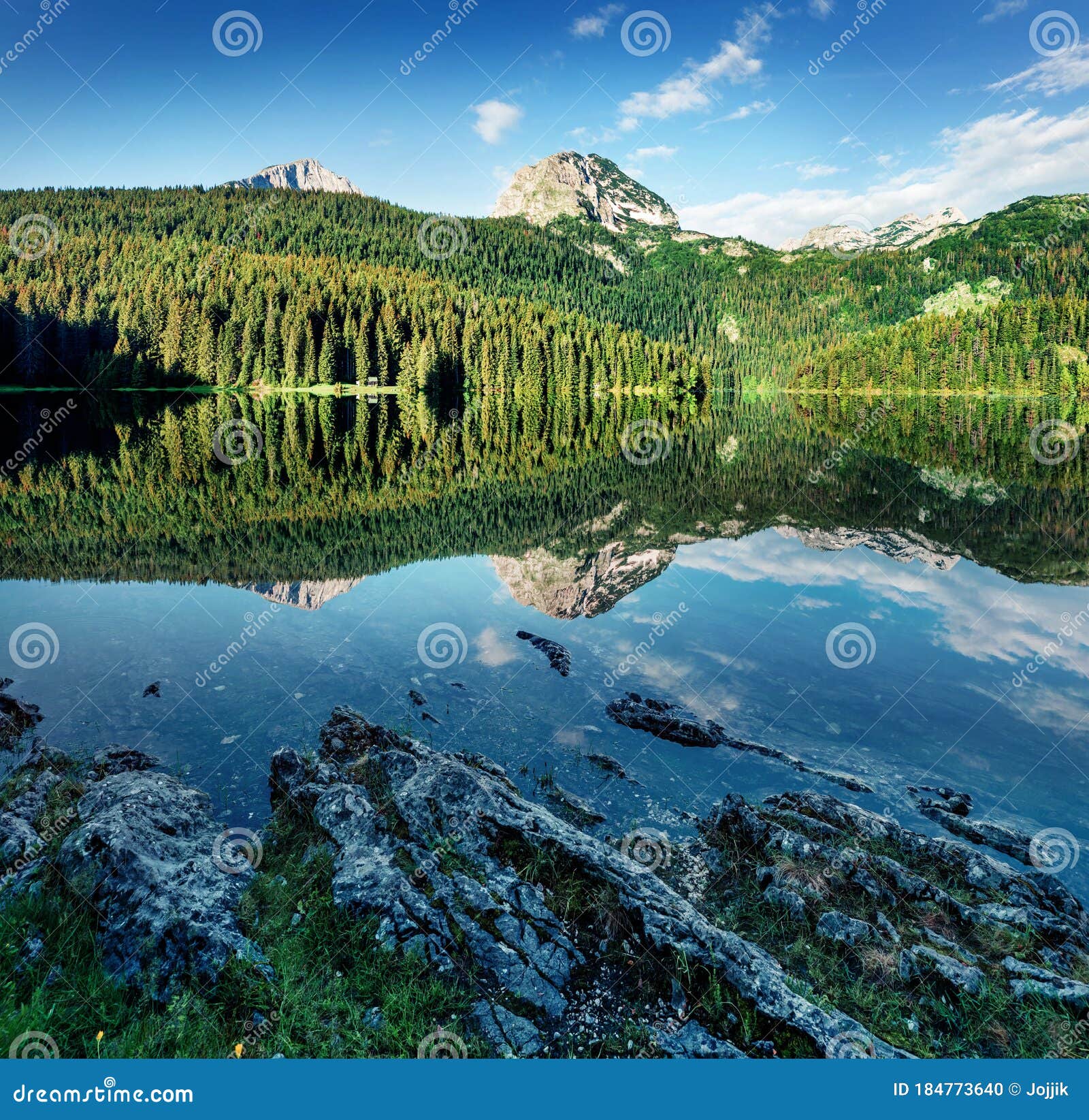 stunning morning view of black lake  crno jezero . wonderful summer scene of durmitor nacionalni park, zabljak location, montene