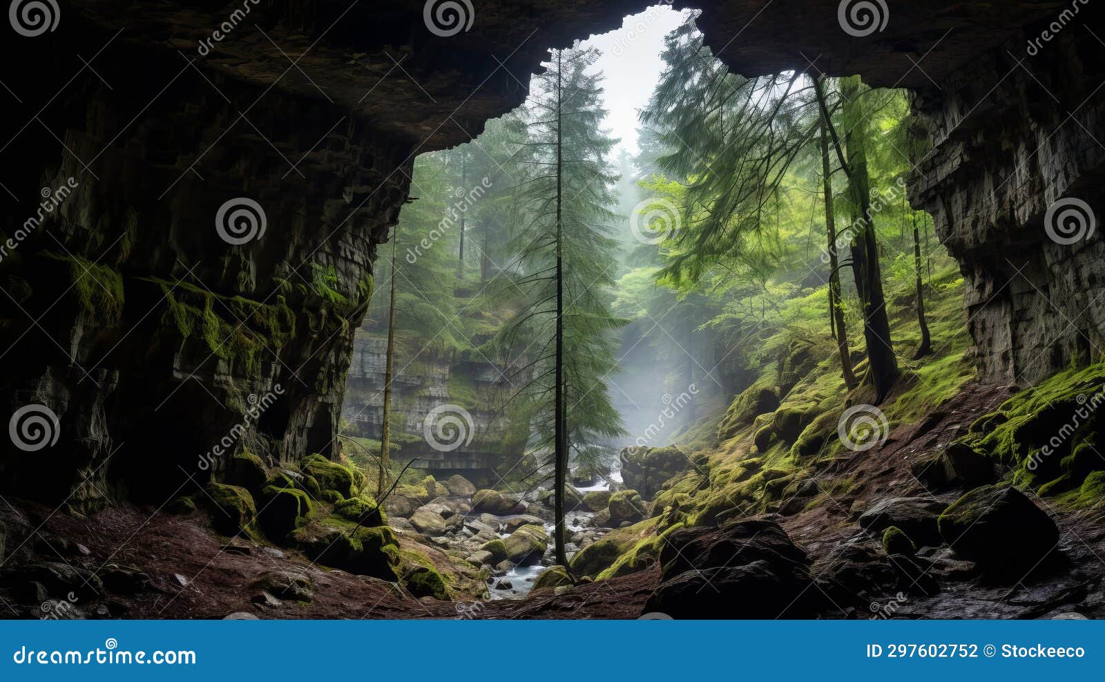 misty cave with trees and moss - stunning nature photography