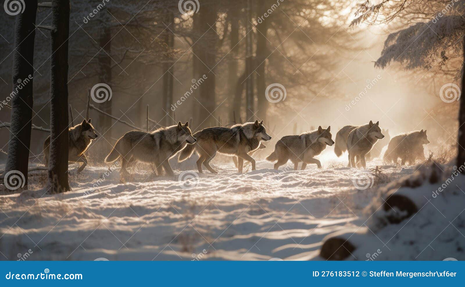 dawn run: wolves in snowy forest