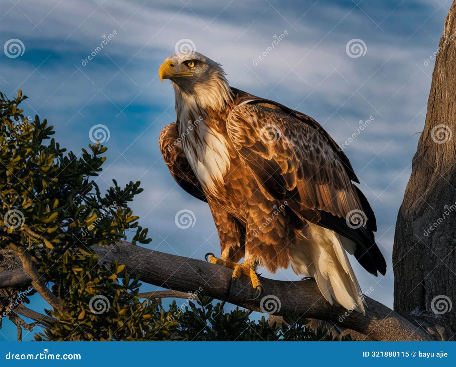 a majestic eagle perched high on a tree branch. ai image.