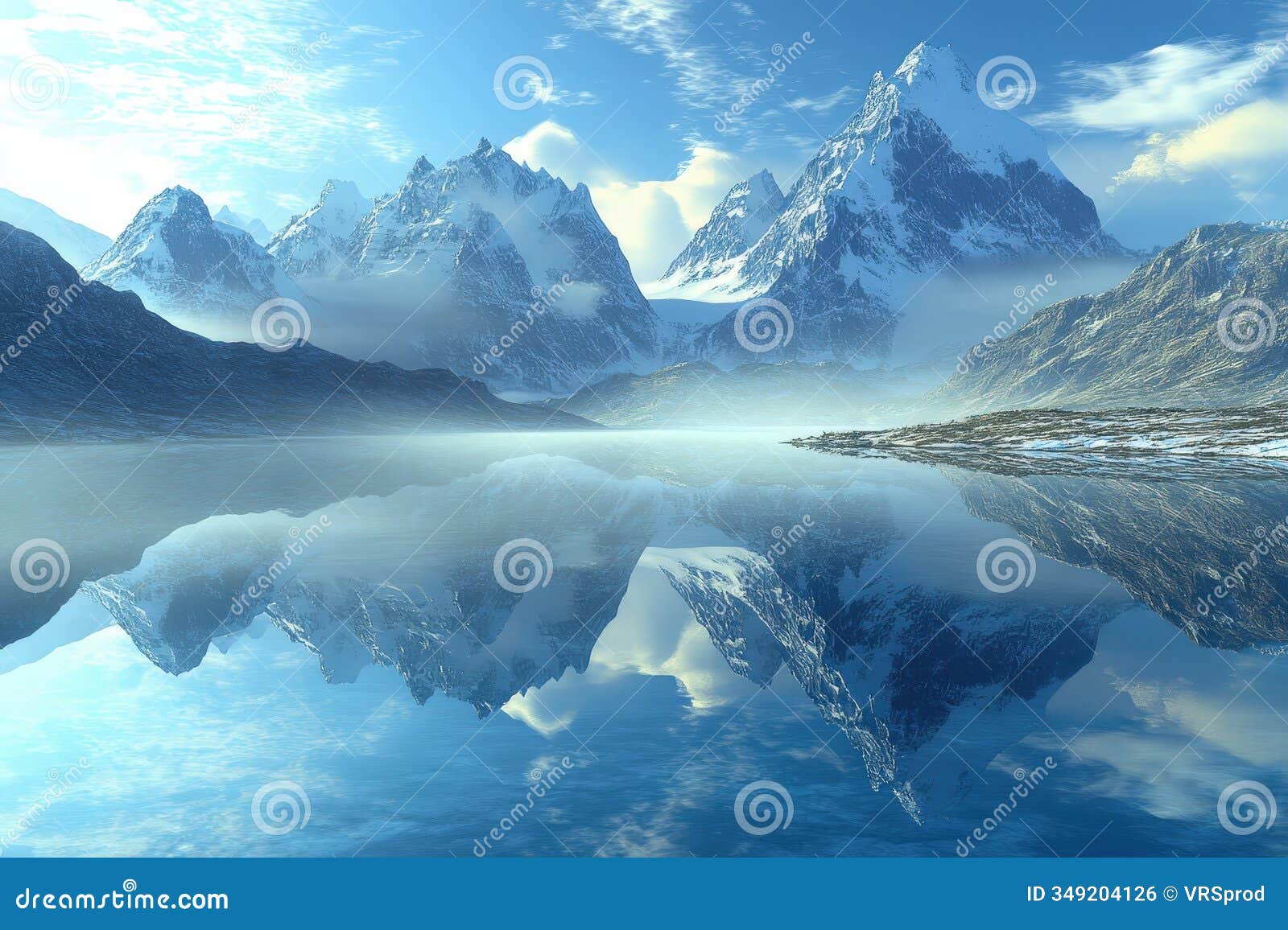 majestic snow-covered mountains with reflection on calm lake