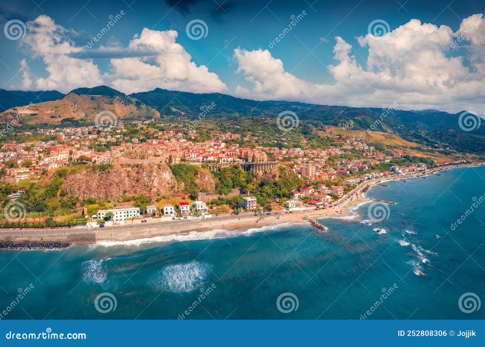 stunning summer view from flying drone of san lucido - town and comune in the province of cosenza in the calabria region.