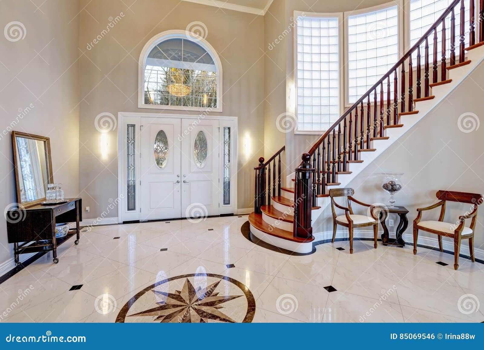 Stunning Two Story Entry Foyer With Marble Mosaic Tiled Floor