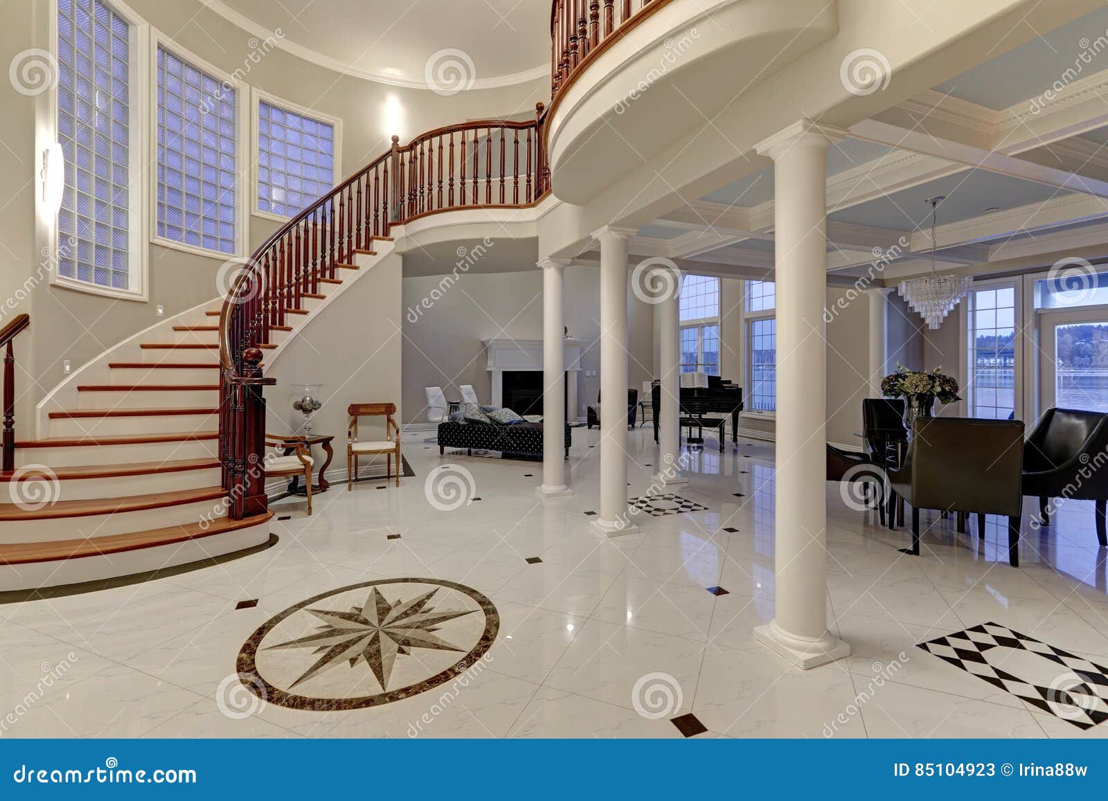 Stunning two story entry foyer with marble mosaic tiled floor ...