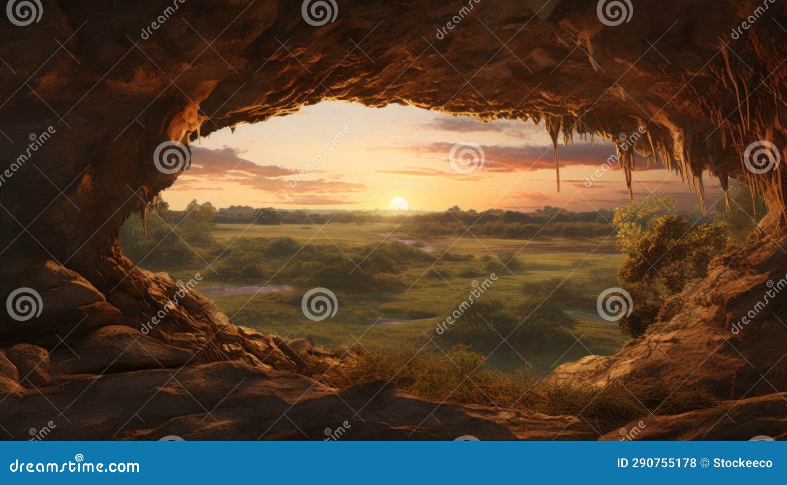 Golden Hour Cave Realistic Landscape with Sunlight and Earthy Tones
