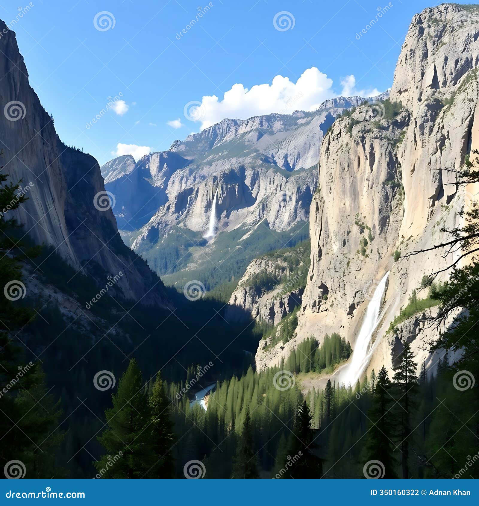 a stunning view of yosemite valley, with towering granite cliffs and waterfalls cascading down the rock faces