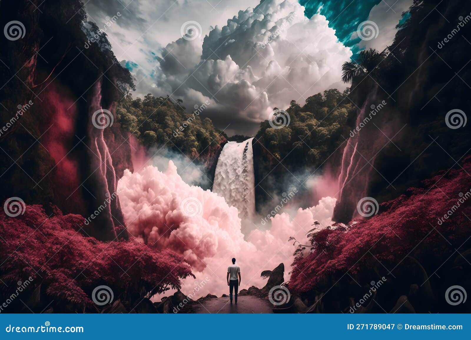 stunning waterfall in alternate surreal colored landscape. neural network ai generated art