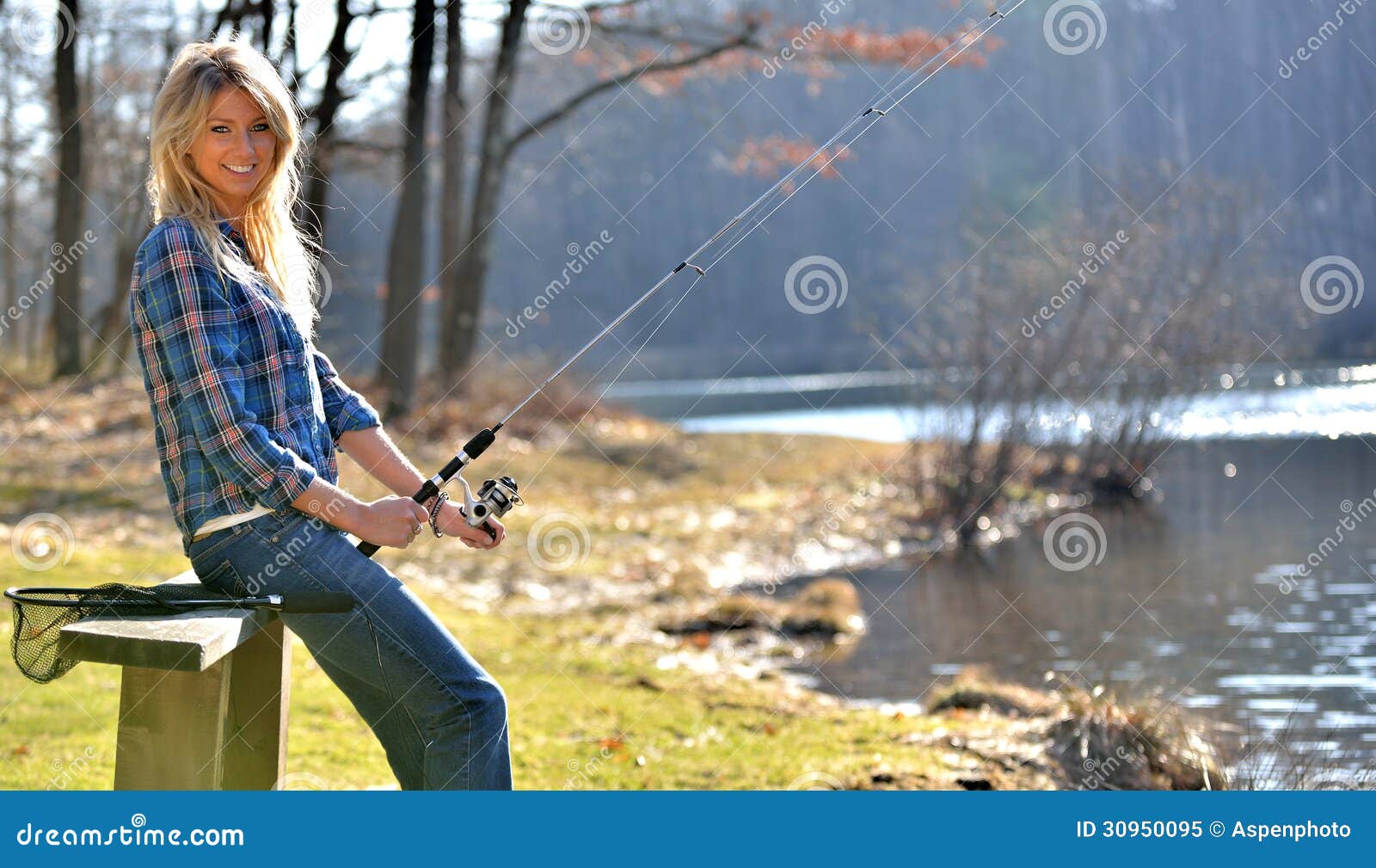 https://thumbs.dreamstime.com/z/stunning-young-blonde-woman-fishing-blue-flannel-shirt-sitting-bench-pond-30950095.jpg