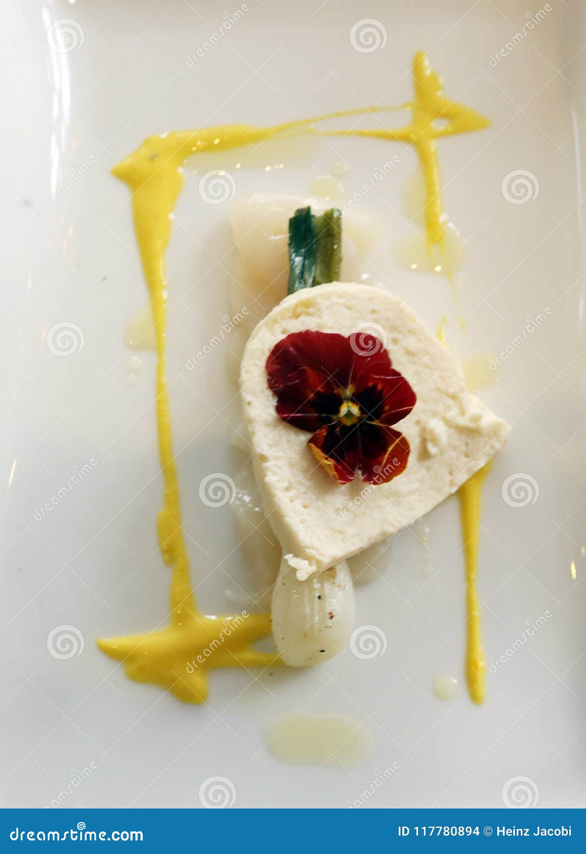 sturgeon parfait and scallop carpaccio with young leek, saffron and safflower as a part of the wedding menu