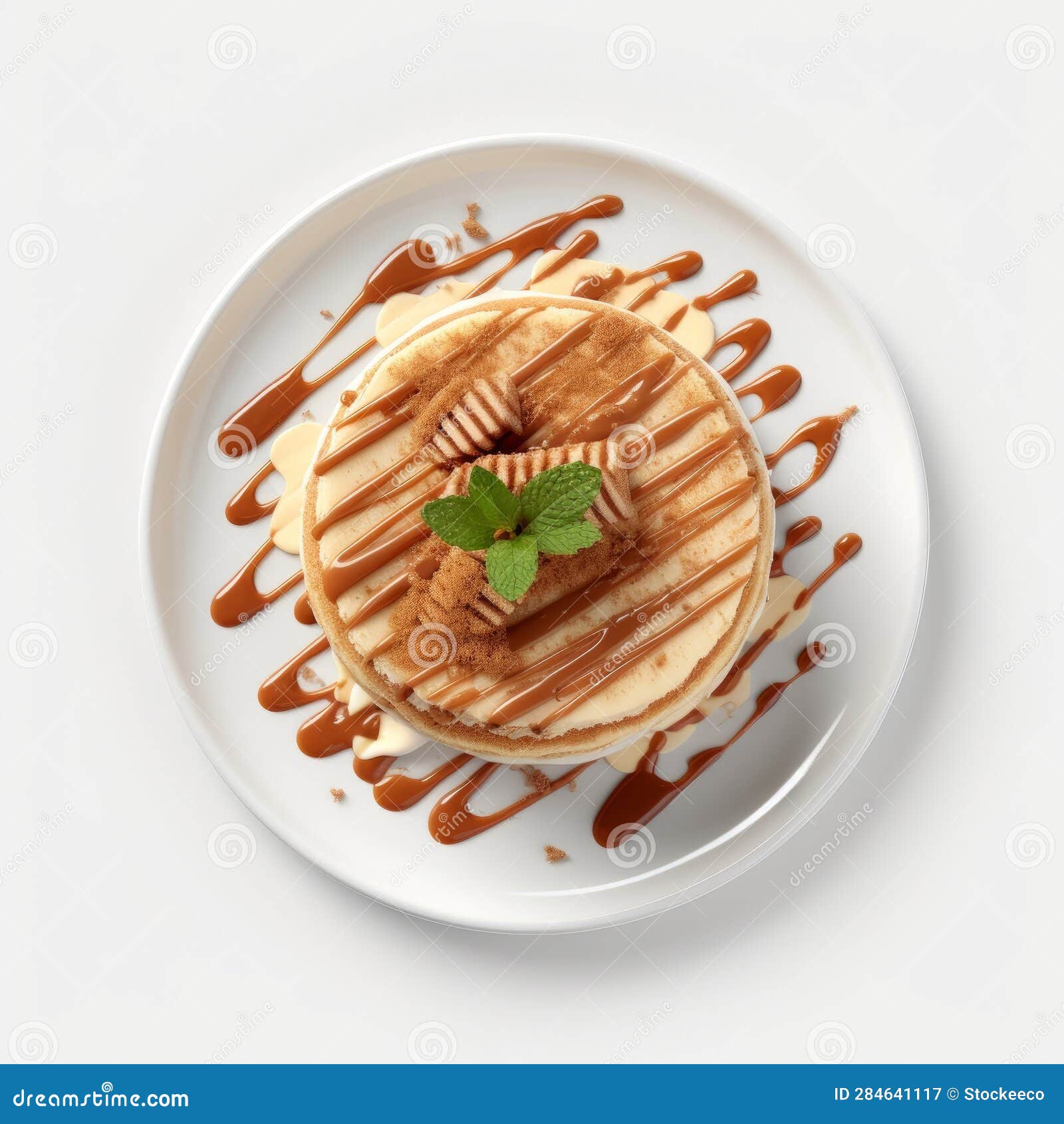 photorealistic pancake plate with coffee and sauce