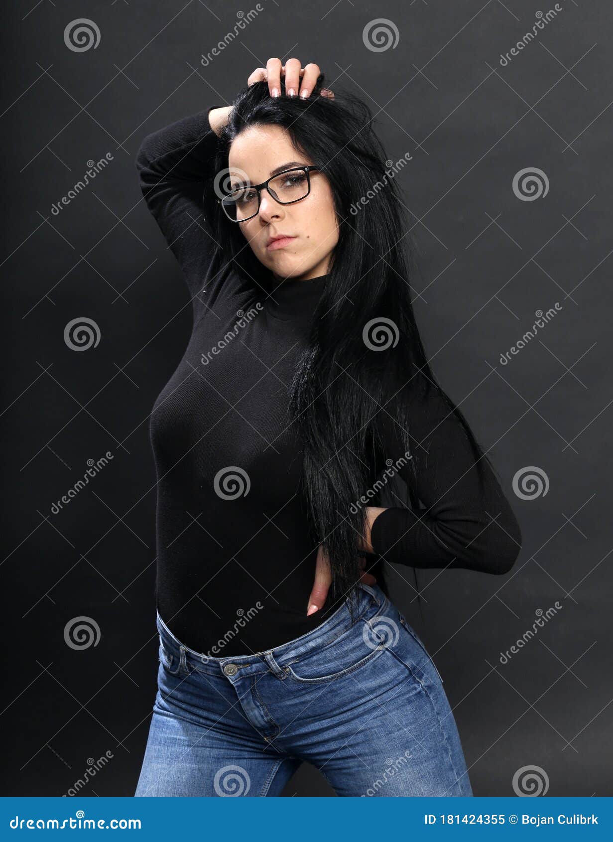 Attractive European Girl with Black Hair and Glasses Posing in Studio on  Isolated Background. Style, Trends, Fashion Concept. Stock Image - Image of  background, brunette: 181424355