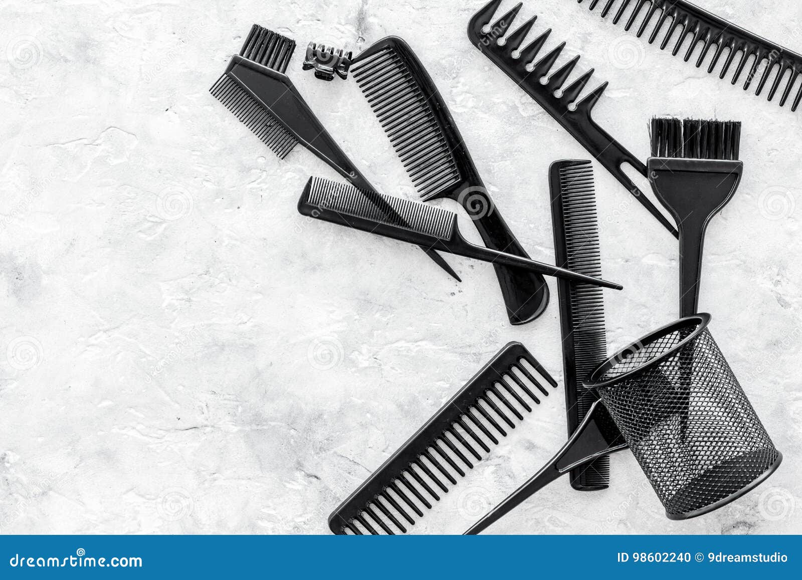 Download Styling Hair With Combs And Tools In Barbershop On Stone Background Top View Mock-up Stock Photo ...