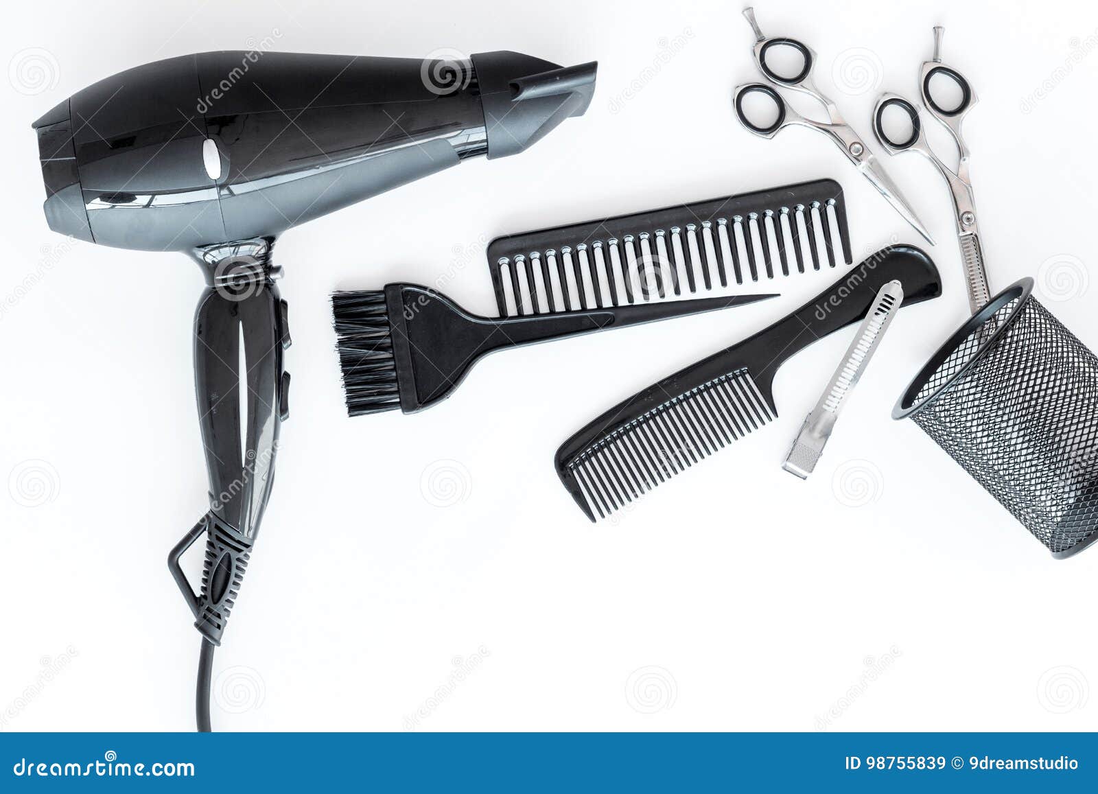 Download Styling Hair With Combs And Tools In Barbershop On White Background Top View Mock-up Stock Image ...