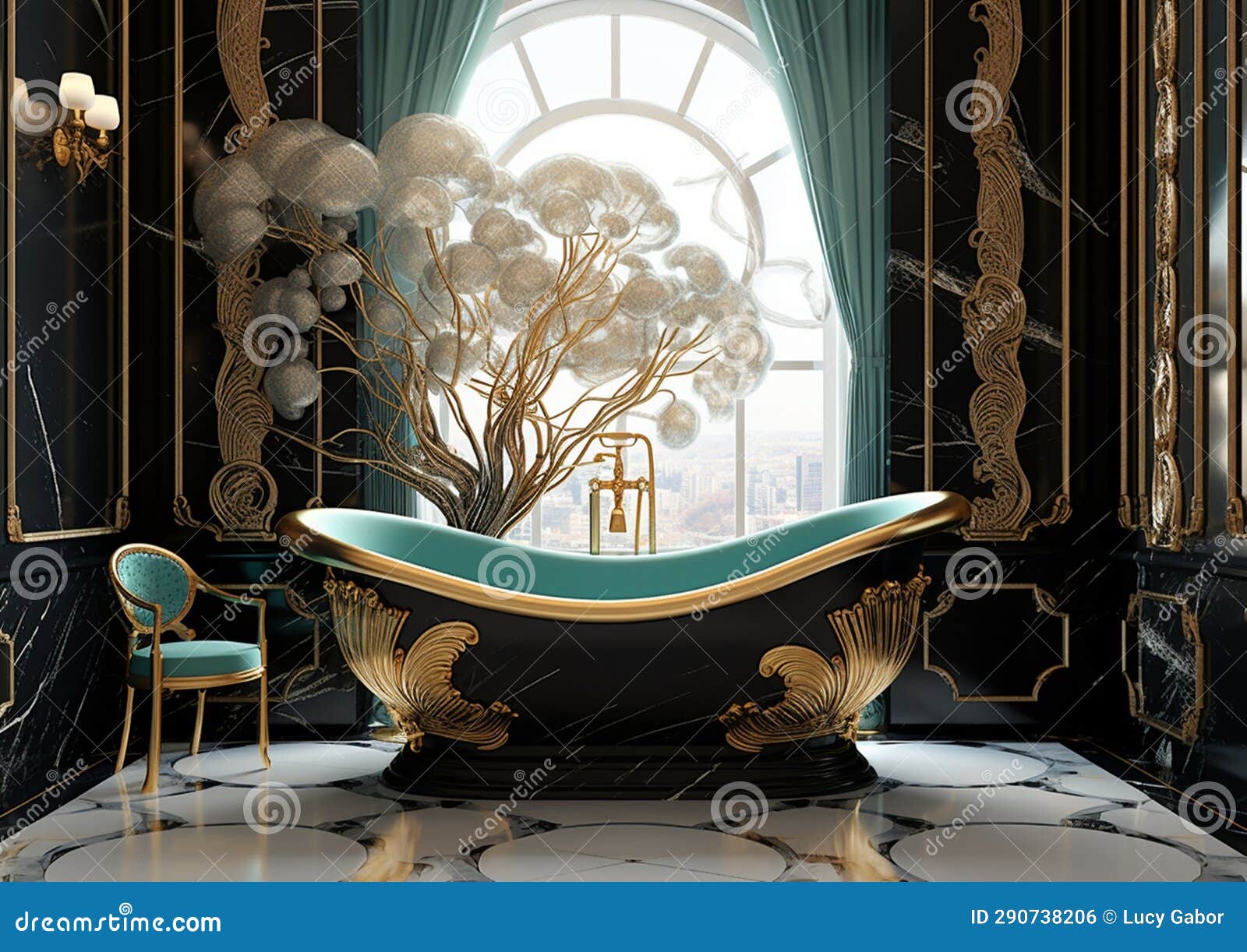 Stylish Art Nouveau Luxury Bathroom in Black, White, Gold and Turquoise ...