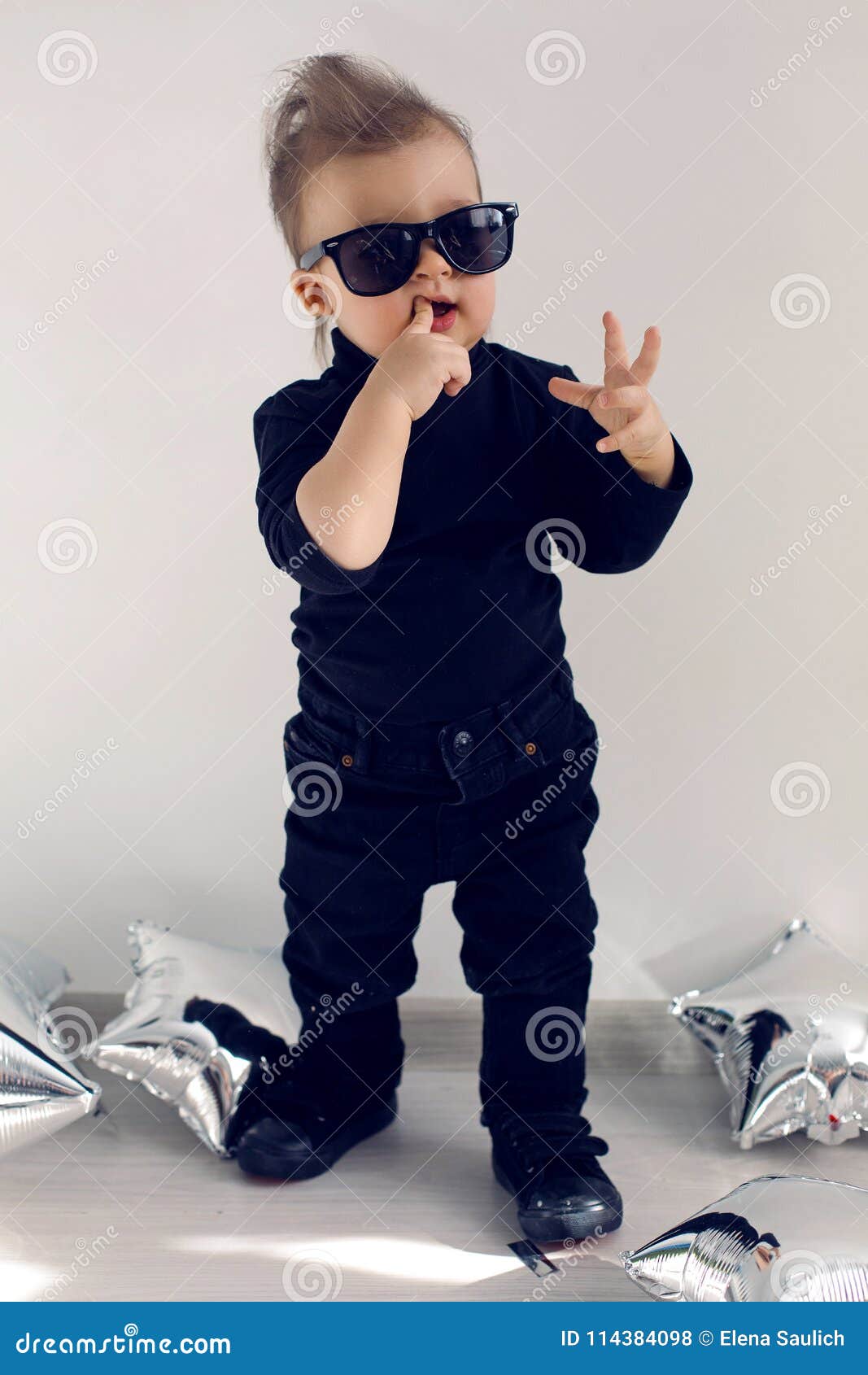 Stylish Baby Boy in Black Rocker Clothes and Sunglasses Stock ...